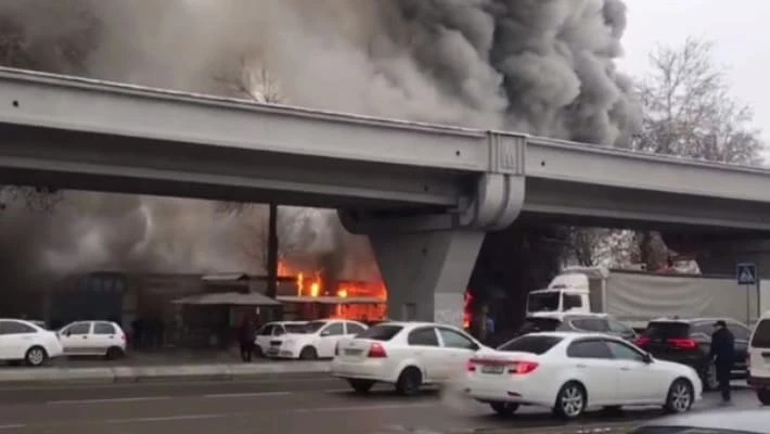 Возле эстакады надземного метро в Ташкенте произошел пожар